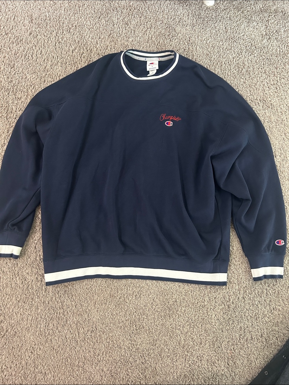 Champion Navy Crewneck Sweatshirt with White Trim and Red Logo